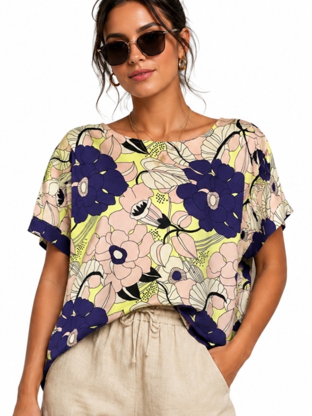 H&M Womens Peach Purple Yellow Poppy Floral Wrap Short Sleeve Top 14 NWT